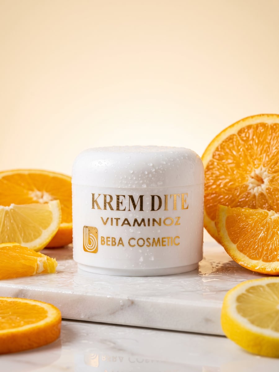Krem Dite Vitaminoz mbi mermer me pika uji dhe feta portokalli e limoni