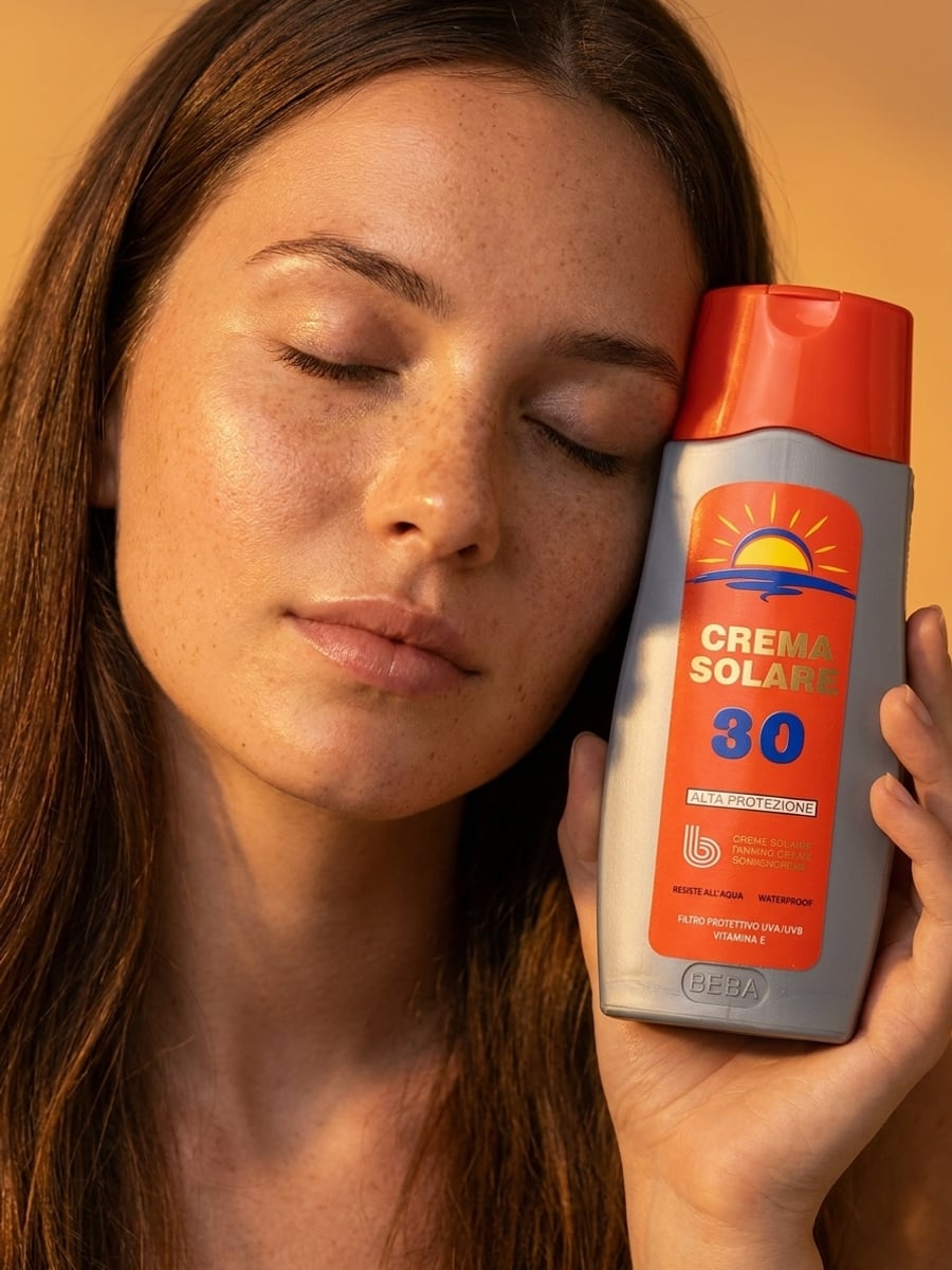 Grua me sy të mbyllur që mban kremin mbrojtës nga dielli SPF 30 pranë faqes